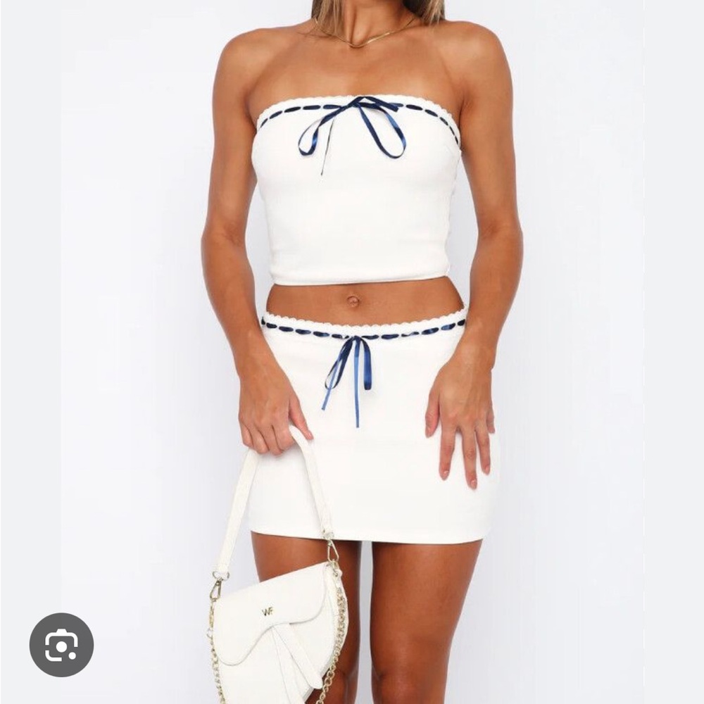 White Fox Boutique White Strapless Crop Top with Navy Trim